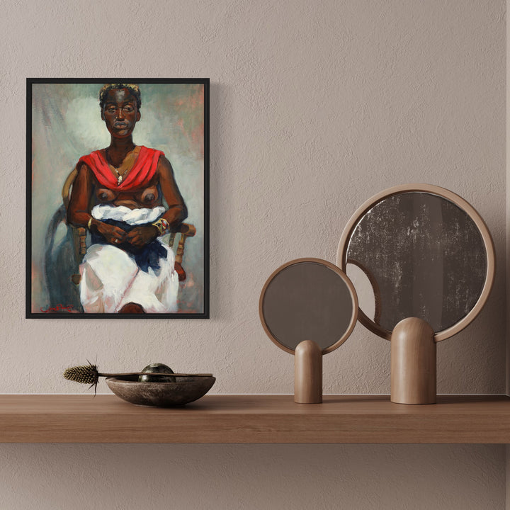 The artwork 'African Queen' by JaeMe Bereal features an elegant acrylic portrait with vibrant red and white garments against a misty turquoise background. The composition showcases sophisticated brushwork, rich textures, and dynamic color contrasts in a contemporary style. Displayed in a sleek black frame, 24x18 inches acrylic on canvas. By JaeMe Bereal.