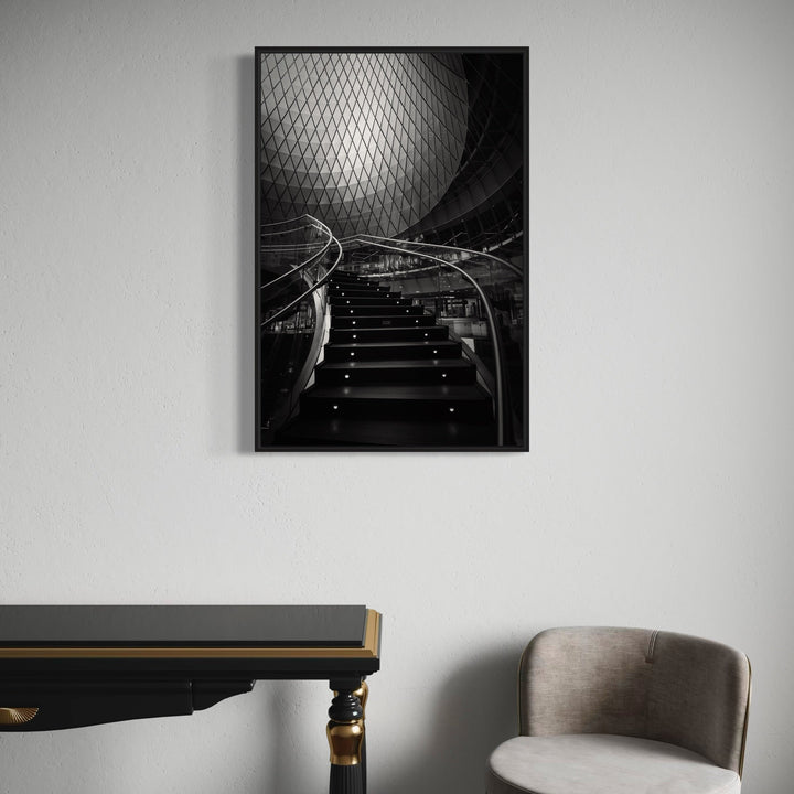 A photo of the artwork Ascent, by Dennis Maida, hanging on a wall.