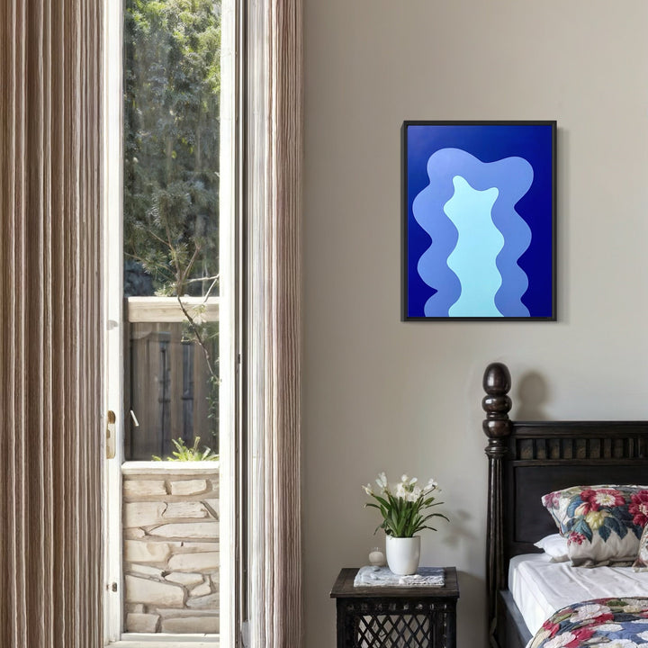 A photo of the artwork BLUE, by Shadia Sabagh, hanging on a wall.