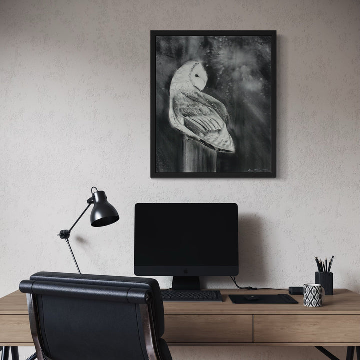 The artwork, Barn Owl, by Catherine Lencke, displayed in a room.