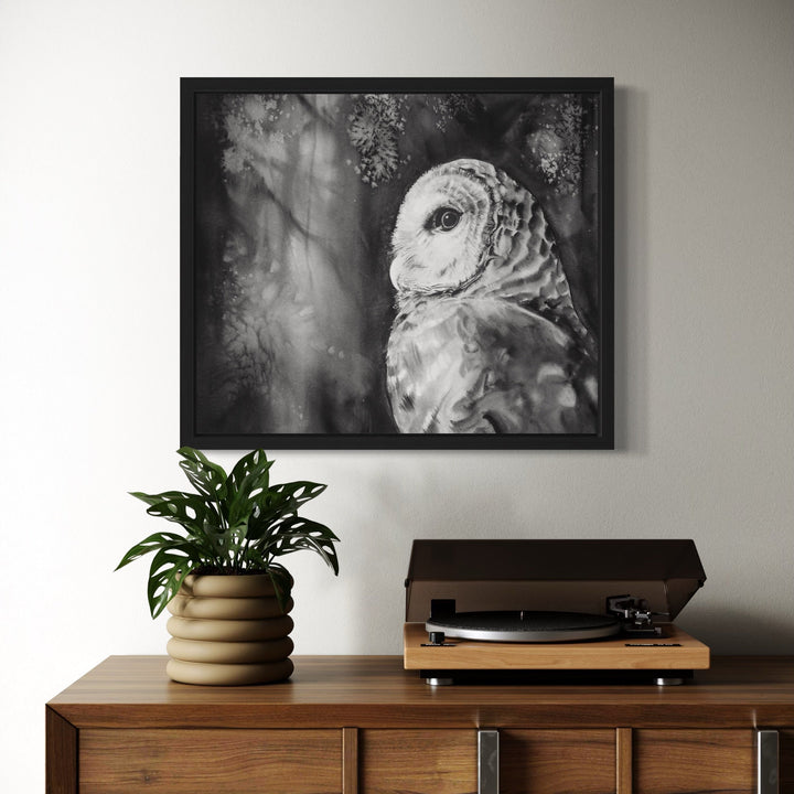 The artwork, Barred Owl, by Catherine Lencke, displayed in a room.