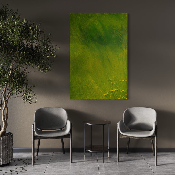 The artwork 'Biophilia 37' by George Stanojevic features vibrant lime and forest green hues blending organically across the canvas. Natural textures and flowing patterns evoke lush vegetation, with subtle yellow streaks creating dynamic movement. The abstract composition showcases the unique interplay of pigments with natural elements, resulting in a meditative environmental piece.