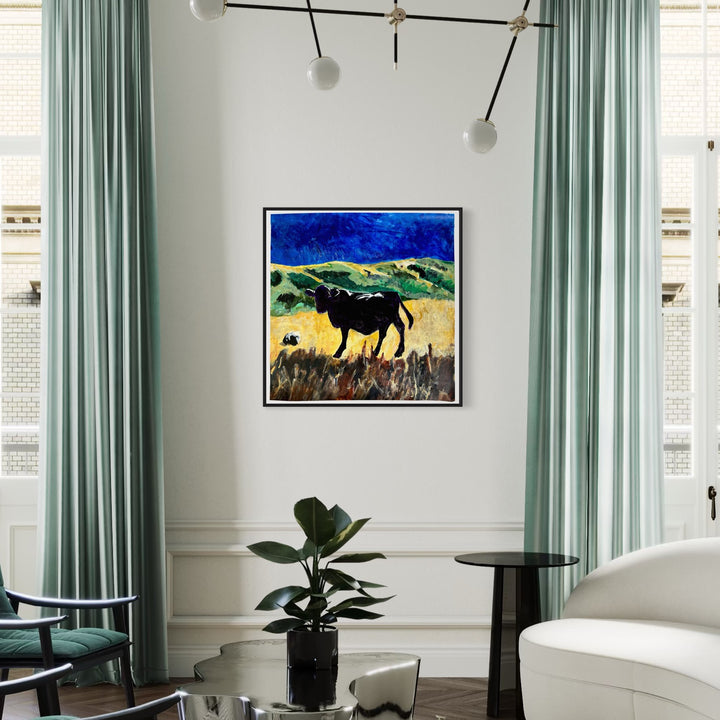 The artwork 'Black Mountain Ranch 02.24 three legged cow' by Owen Brown depicts a striking silhouette of a cow against a vibrant landscape with a deep cobalt blue sky, golden wheat fields, and rolling green mountains. The acrylic painting on tramco paper features bold, expressive brushstrokes and contrasting colors creating a dramatic pastoral scene.