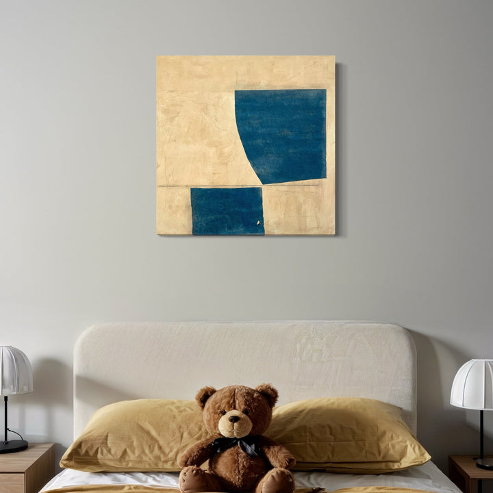 A photo of the artwork Blue on Buff II, by Diane Englander, hanging on a wall.