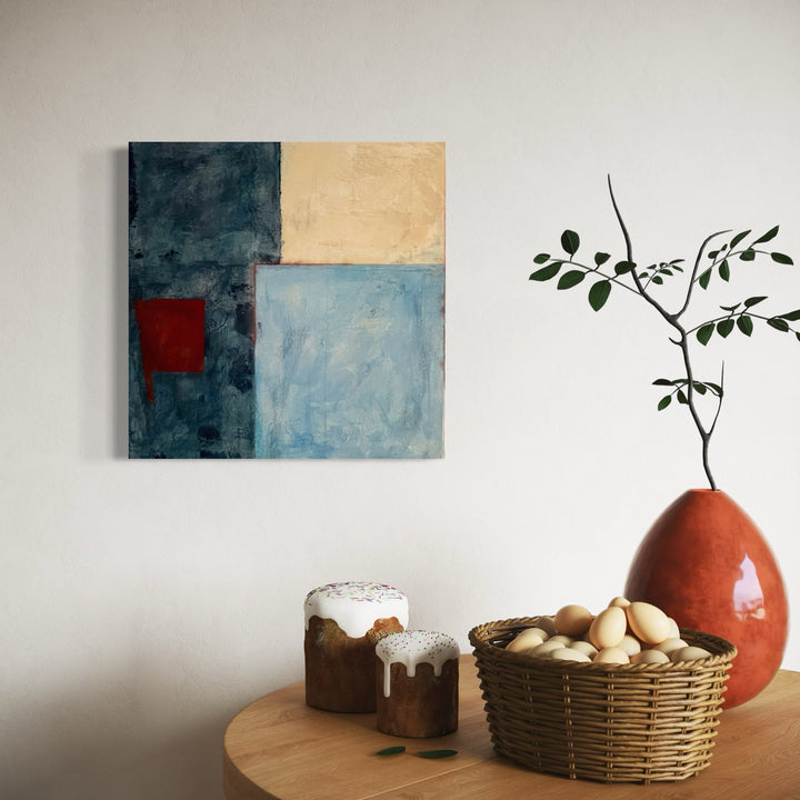 A photo of the artwork Blues and Beige with Rust , by Diane Englander, hanging on a wall.