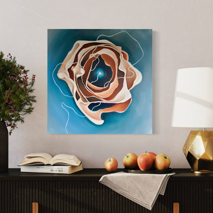 A photo of the artwork Bone Rose, by Meam Hartshorn, hanging on a wall.