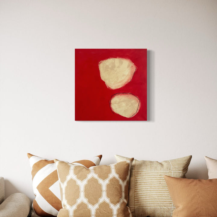 A photo of the artwork Buff Form on Red, by Diane Englander, hanging on a wall.