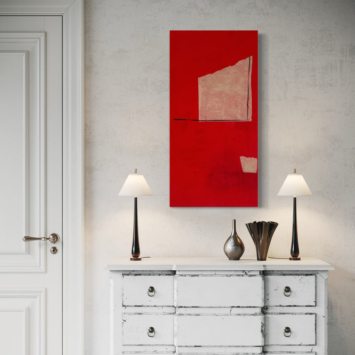 A photo of the artwork Buff on Red with Lines II, by Diane Englander, hanging on a wall.