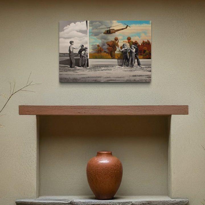 A photo of the artwork COWBOYS AND INDIANS , by Alex Devereux, hanging on a wall.