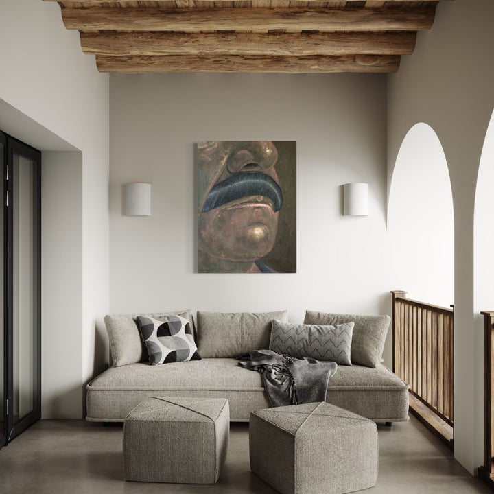 The artwork 'Carlos' by Anastasia Korsakova features a contemporary abstract composition in muted blue and brown tones, displayed in a modern interior setting. The oil painting showcases fluid organic forms with rich textural elements, measuring 36x48 inches, complementing a minimalist space with exposed wooden beams and arched architecture. By Anastasia Korsakova.