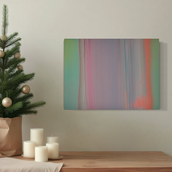 The artwork 'Carrying and Soaring 16' by Willy Bo Richardson features vertical brushstrokes in ethereal pastels, blending mint green, lavender, and soft coral hues. Abstract expressionist style with translucent layers of acrylic and oil paint on wood panel creates a dreamy, atmospheric effect with gentle color transitions and flowing vertical movement.