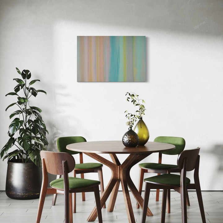 The artwork 'Carrying and Soaring 6' by Willy Bo Richardson features vertical stripes in a harmonious gradient of soft pastels, transitioning from warm peach and coral tones to cool turquoise and chartreuse hues. Created with acrylic and oil on wood panel, the 24x36 inch piece demonstrates a minimalist abstract style with smooth color transitions and precise brushwork by Willy Bo Richardson.