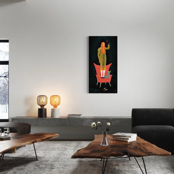 The artwork 'Catarina' by Steve Moors features a vibrant digital illustration showing a figure in yellow-orange attire standing atop a striking red chair against a deep black background, creating dramatic contrast. The vertical composition combines bold colors and minimalist design, displayed in a 48x24 inch format face-mounted on acrylic glass. By Steve Moors.