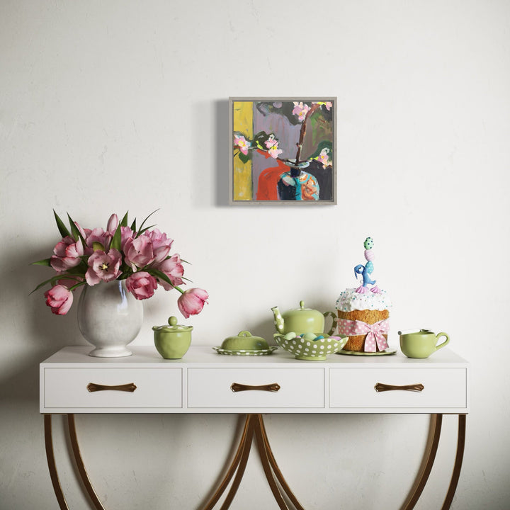 A photo of the artwork Cherry Blossom Blue Vase, by Janet L. Pedersen, hanging on a wall.