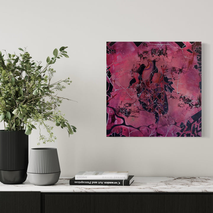 The artwork 'ChestCavity' by Devin Ruiz features an abstract mixed media composition dominated by vibrant magenta and black tones. Dark organic shapes interweave across a pink background, creating a marbled effect with intricate vein-like patterns. The 24x24 inch piece showcases a dramatic contrast between light and shadow, with crystalline textures suggesting depth and movement throughout the surface.