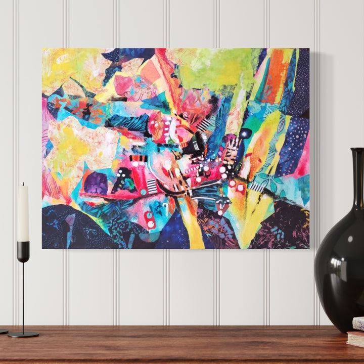 The artwork 'Chinatown' by James Ehling features a vibrant abstract composition with dynamic splashes of pink, yellow, turquoise, and navy blue. The mixed-media piece combines acrylic paint and fabric elements on canvas, creating a textured urban-inspired collage with energetic brushstrokes and layered patterns. Bold geometric shapes and fluid forms interweave across the 18x24 inch canvas by James Ehling.