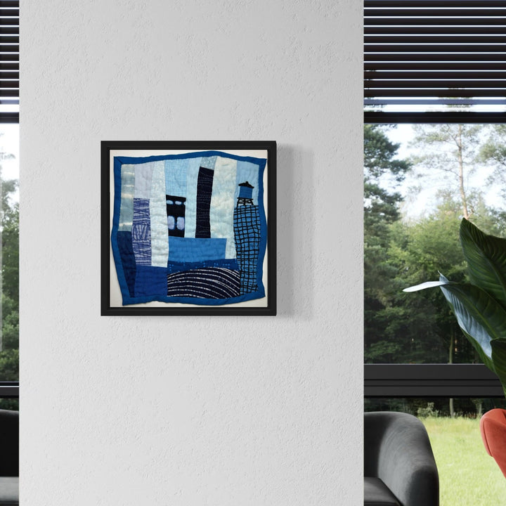 A photo of the artwork Cityscape (Shades of Blue), by Ann Cofta, hanging on a wall.