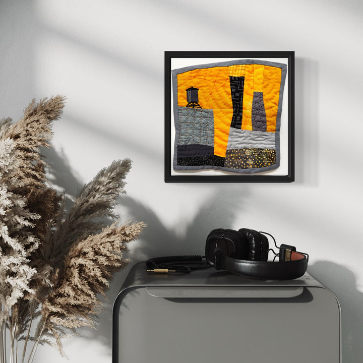 The artwork 'Cityscape (Shades of Grey & Gold)' by Ann Cofta features abstract urban buildings in quilted fabric against a vibrant golden sky. Grey geometric structures with textured details create a modern cityscape silhouette. Hand-quilted and embroidered elements add dimensional depth, showcased in a black shadow box frame.