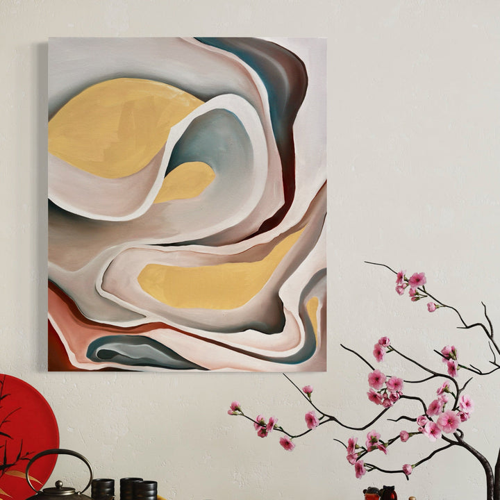 The artwork 'Clay Pelvis' by Meam Hartshorn features flowing abstract curves in soft earth tones, with waves of cream, yellow, and teal creating a fluid, organic composition. The oil painting showcases layered, sinuous forms reminiscent of natural geological formations, with smooth transitions between colors on canvas, measuring 30 by 36 inches. By Meam Hartshorn.