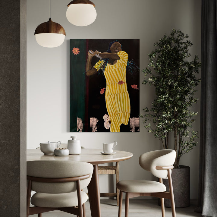 The artwork 'Coco Gauff' by Owen Brown features a tennis player in dynamic motion wearing a striking yellow and white striped dress against a dark green background. Small floral elements and white figures accent the composition. Mixed media artwork combining acrylic and colored prints on canvas, sized 48x36 inches. By Owen Brown.