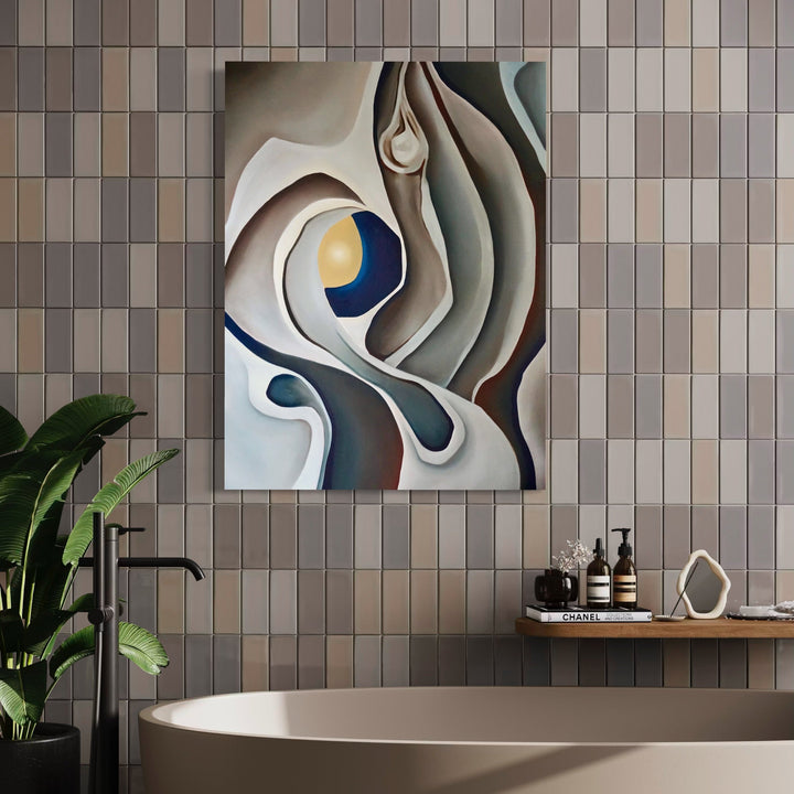 The artwork 'Cocoon' features abstract flowing curves in shades of gray, white, and sage green, with a striking navy blue and golden circular accent. The composition suggests organic, sculptural forms reminiscent of natural cocoon formations, painted in a modern minimalist style using oil on canvas. By Meam Hartshorn.