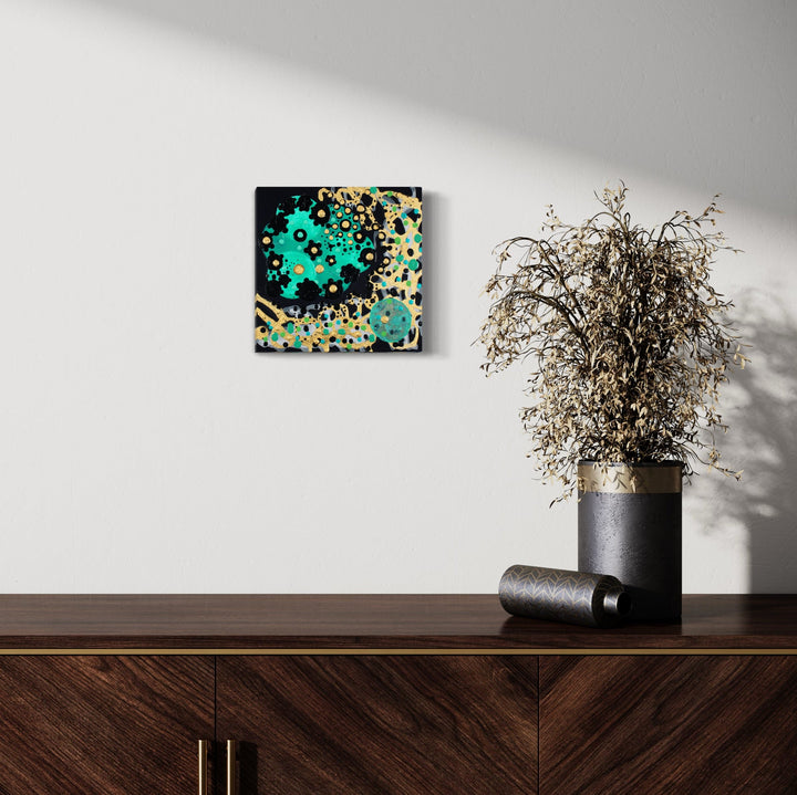 A photo of the artwork Cognition, by Eric Jiaju Lee, hanging on a wall.