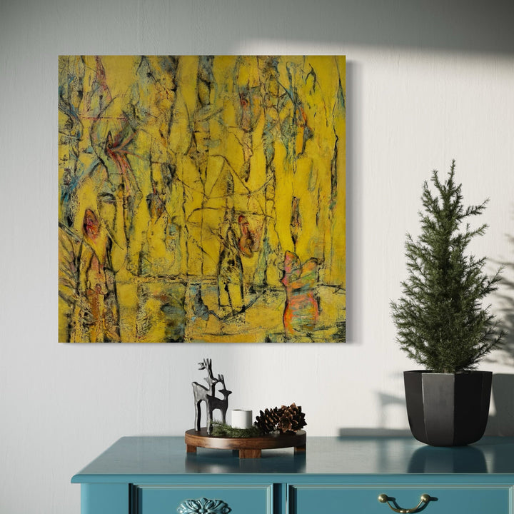 The artwork 'Conversations' by Cynthia Sumner features an abstract mixed media composition dominated by vibrant yellow tones with dark gestural marks resembling birch trees or forest elements. Black linear strokes create a dynamic pattern against the golden background, with touches of blue and orange accents scattered throughout the 36x36 inch canvas.