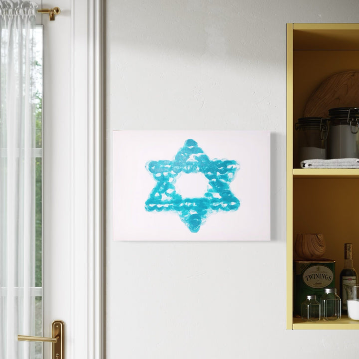 The artwork 'David' by Ronit Levin Delgado features a Star of David rendered in vibrant turquoise lipstick marks on pearl white archival paper. The six-pointed star pattern is created through a series of kiss impressions, forming a meaningful Jewish symbol through an intimate artistic technique. The piece combines cultural symbolism with contemporary mixed media expression.