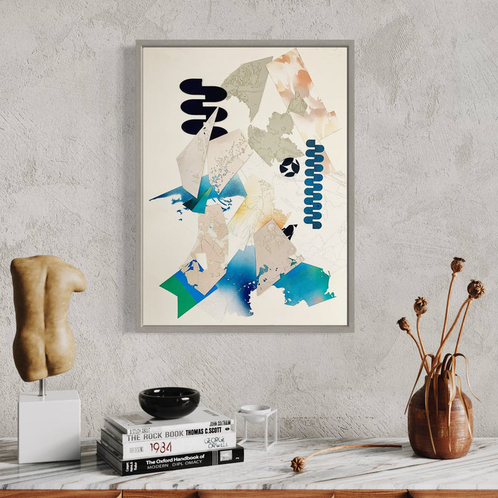 The artwork 'Day Neutral 01' by Ann Tarantino features an abstract collage composition with organic shapes in turquoise, peach, and sage green tones. Bold black geometric elements contrast with fluid watercolor-like textures, creating a dynamic interplay of forms against a cream background. The 30x22 inch paper artwork combines sharp and soft edges in a minimalist style.