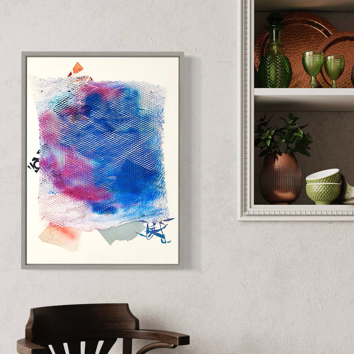 The artwork 'Day Neutral 02' by Ann Tarantino features an ethereal abstract collage with vibrant watercolor-like effects. A dominant blue wash blends seamlessly with purple hues, creating a dreamy, atmospheric composition. Small geometric details in orange and gray anchor the corners, while textured brushstrokes add depth and movement to the paper surface.