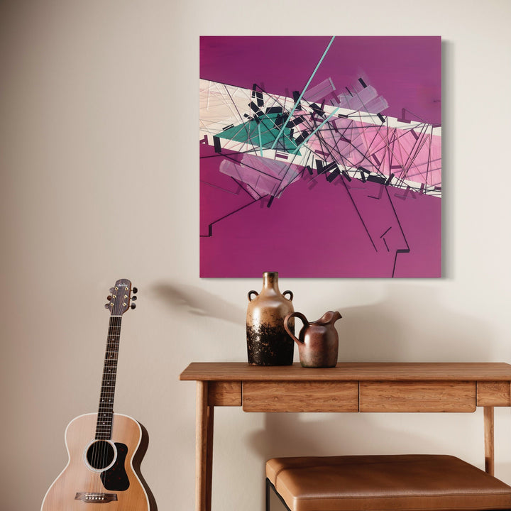 The artwork 'Declin Hiimaraan' by Philippe Halaburda features an abstract composition with dynamic geometric shapes against a vibrant magenta background. A central horizontal band in mint green and soft pink intersects with sharp black lines and angular forms, creating a sense of movement and fragmentation. Mixed media techniques blend digital and traditional elements in a 36x36 inch canvas by Philippe Halaburda.