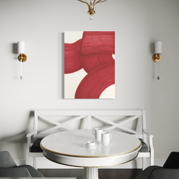 The artwork 'Deep Burgundy' by Alina Glotova features abstract curved forms in rich burgundy red against a white background. The minimalist design showcases parallel lines creating flowing, ribbon-like shapes that sweep across the canvas. The printInk marker technique creates clean, precise stripes with a modern, geometric aesthetic, displayed as a 40x30 inch wall art piece by Alina Glotova.