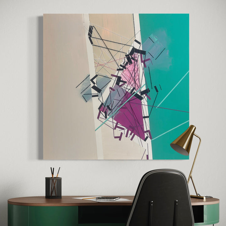 The artwork 'Descente Kruuskevvi' by Philippe Halaburda features an abstract geometric composition with sharp angular lines and fragmented shapes in pink, purple, and black against a split background of beige and vibrant turquoise. The dynamic arrangement suggests movement and spatial depth through intersecting linear elements and bold color contrasts.