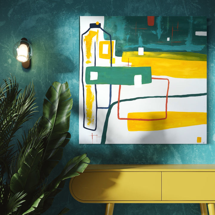 The artwork 'Dinner Table' features an abstract geometric composition with bold yellow and green blocks intersecting against a white background. Clean lines and rectangular shapes create a modernist aesthetic, complemented by subtle red accents. The 36x36 inch acrylic painting showcases a minimalist design with architectural elements. By Hazal Ozturk.