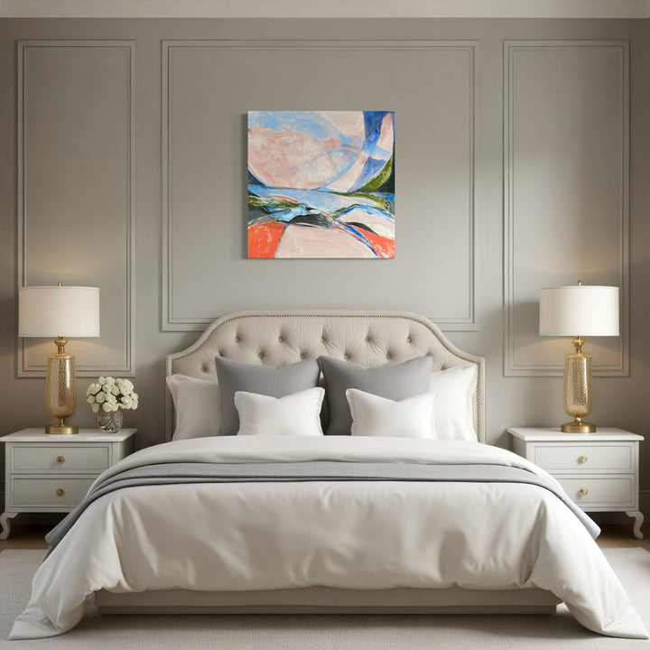 A photo of the artwork Double Horizon, by Beth Barry, hanging on a wall.