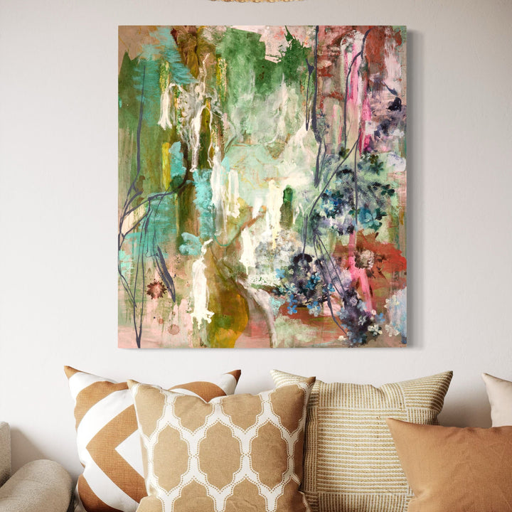 The artwork 'Down The Garden Path' features ethereal brushstrokes in soft greens, pinks, and turquoise, creating an abstract landscape reminiscent of a misty garden. Fluid acrylic and oil techniques blend on linen, with delicate drips and organic shapes suggesting foliage and natural elements. Dynamic composition measures 38x34 inches. By Molly Herman.