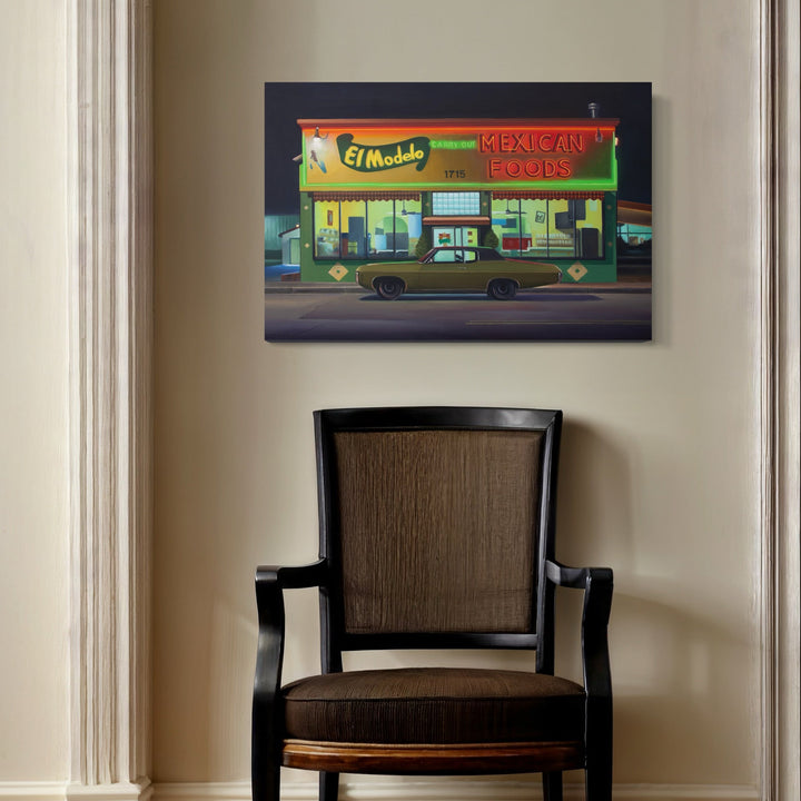 The artwork 'El Modelo' by Alex Devereux depicts a vibrant nighttime scene of a Mexican restaurant storefront with neon signage glowing in green and red. A classic vintage car in olive green is parked outside on a dark street. The painting features rich, moody colors and a retro Americana style, rendered in acrylic on 20x30 inch canvas.