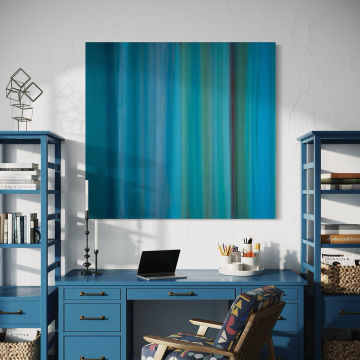 The artwork 'Eastern Gate 12' by Willy Bo Richardson features vertical bands of vibrant turquoise and teal hues blending seamlessly across the canvas, creating a mesmerizing gradient effect. Abstract striations in varying shades of blue-green suggest movement and depth, painted in oil on a 53x57 inch canvas. By Willy Bo Richardson.