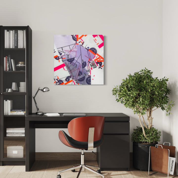 The artwork 'Eiiwannd' by Philippe Halaburda features dynamic abstract composition with bold geometric shapes in purple, red, and white. Angular lines and curved forms intersect across the canvas, creating a modern urban aesthetic. Mixed media techniques blend digital and traditional elements in this 30x30 inch contemporary artwork.