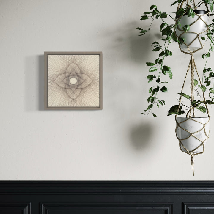 The artwork 'Empty Void 22' by Jayoung Yoon features a delicate mandala-like pattern created with human hair and acrylic medium on panel. Radiating lines form a symmetrical geometric design in soft beige tones, creating an illusion of depth and movement. The intricate pattern spirals outward from a central void, displayed in a grey frame against a white wall. By Jayoung Yoon.