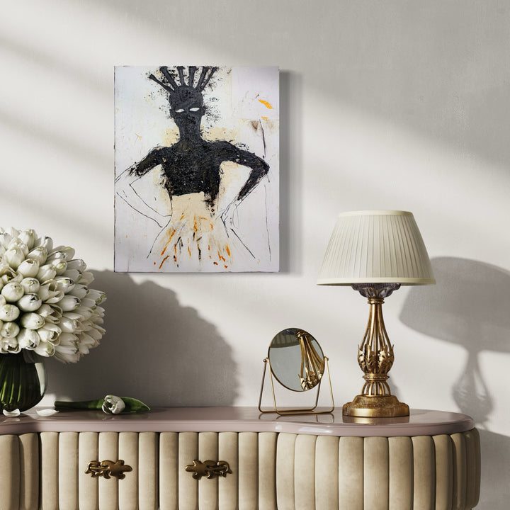 The artwork 'En Grace' by Brandon Gastinell features an expressive abstract figure rendered in bold black oil pigment stick against a white wood panel. The silhouette shows a dynamic pose with hands on hips, created with gestural strokes and splatter techniques. Subtle yellow accents and flowing lines enhance the composition's elegant movement and modern artistic style.