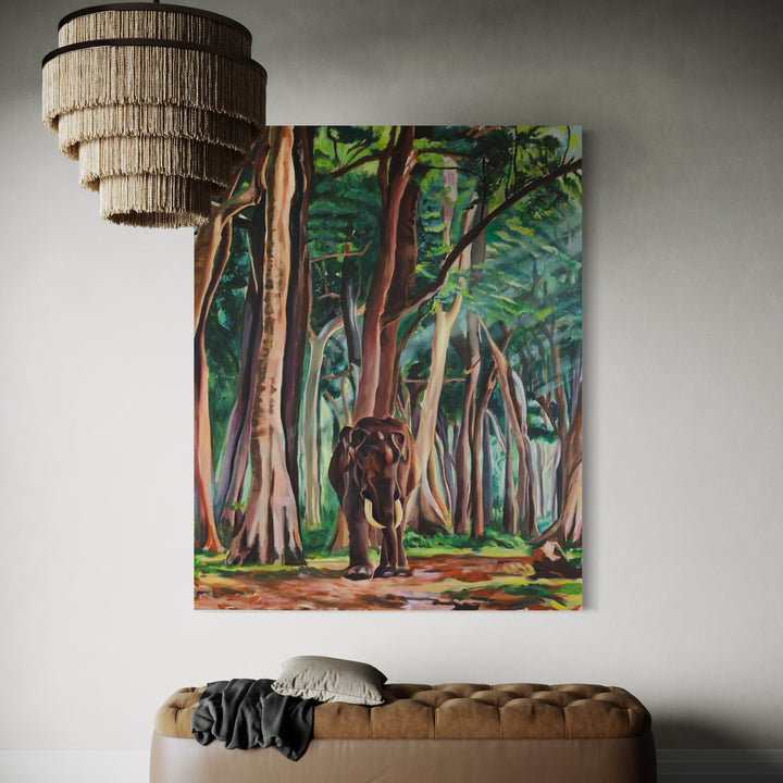 The artwork 'Encounter' by Claudia Robles-Gil depicts a majestic elephant walking through a lush forest path, surrounded by tall trees with brown trunks and vibrant green foliage. The oil and acrylic painting features dynamic brushstrokes creating depth and movement, with dappled light filtering through the canopy. The 60x48 inch canvas captures the tranquil atmosphere of a mysterious woodland setting.