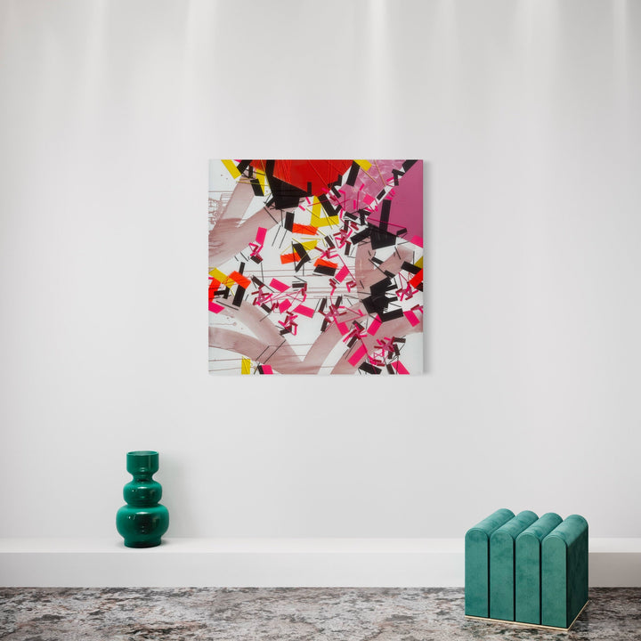 The artwork 'Epiistimaa' by Philippe Halaburda features a dynamic abstract composition with geometric shapes and fragments in vibrant pink, red, black, and yellow. Angular forms intersect with curved lines and geometric patterns, creating a sense of movement and energy. The mixed media piece shows bold contrasts and layered elements against a white background, measuring 48x48 inches.