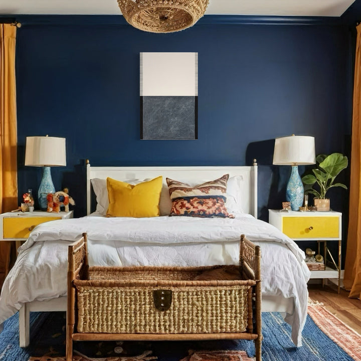 Modern bedroom featuring navy blue walls with 'Erasure 35' artwork displayed prominently above a white bed. Room accented with mustard yellow pillows, matching nightstands with turquoise lamps, and woven storage trunk. Contemporary interior design with balanced color composition. By Erika Mahr.