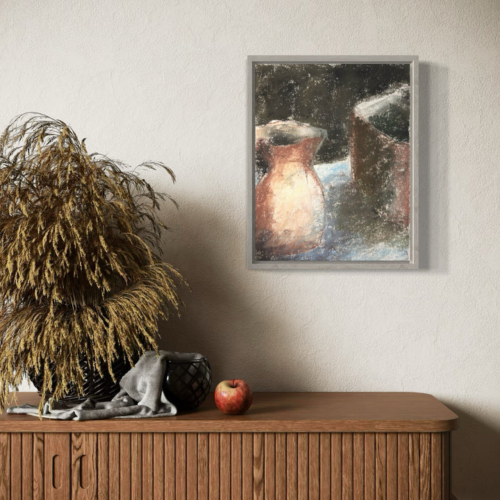 A photo of the artwork Ewer and Basket, by Todd Gilens, hanging on a wall.