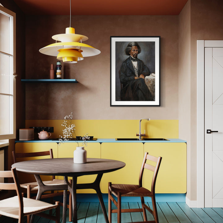 The artwork 'F. Douglass' by JaeMe Bereal features a striking portrait against a dark background, displayed in a modern kitchen setting with yellow accents and teal floors. The 36x24 inch acrylic on canvas is shown in a black frame, complementing the warm brown walls and mid-century modern furniture arrangement. By JaeMe Bereal.