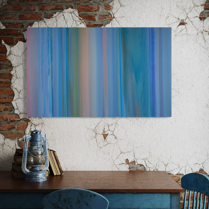 The artwork 'Floating World 18' by Willy Bo Richardson features vertical brushstrokes in serene oceanic blues, turquoise, and soft pink hues. The abstract composition creates a mesmerizing gradient effect, with fluid waterfall-like stripes flowing from top to bottom on a large 31x50 inch oil canvas, evoking a sense of tranquil movement and coastal atmosphere. By Willy Bo Richardson.