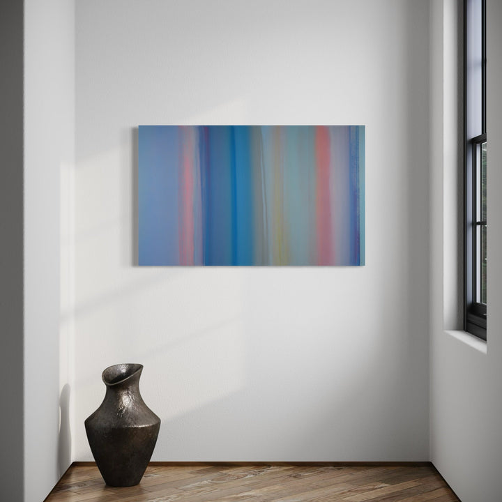 A photo of the artwork Floating World 21, by Willy Bo Richardson, hanging on a wall.