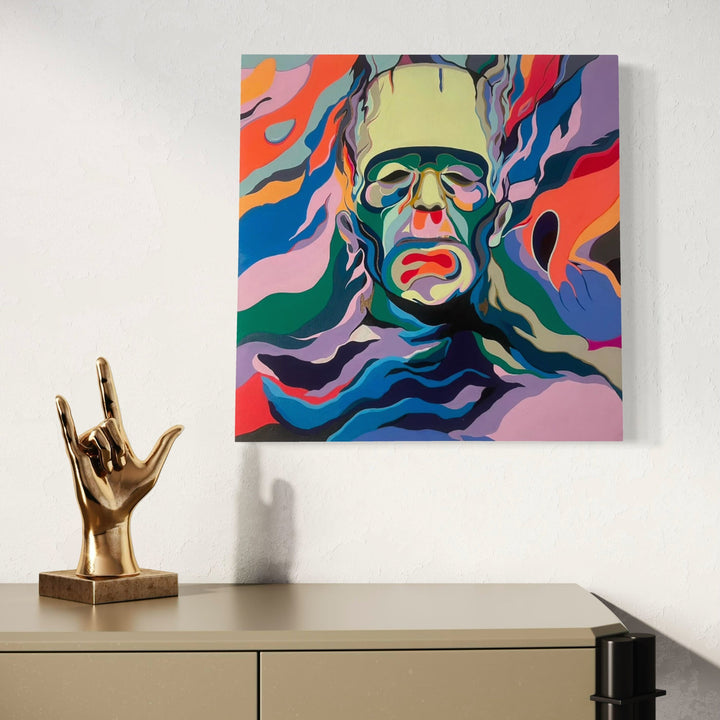 A photo of the artwork Frankenstein, by Ellannah Sadkin, hanging on a wall.