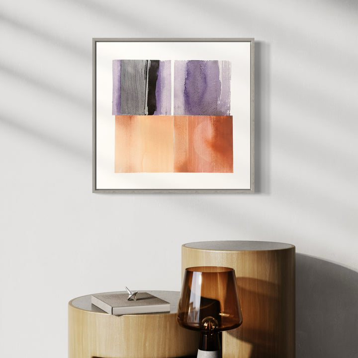 The artwork 'Ghost Rider II' by Ken Schiano features a minimalist abstract composition in watercolor, divided horizontally with ethereal purple and gray washes in the upper half transitioning to warm peach and coral tones below. The fluid brushstrokes create a subtle gradient effect, showcasing the translucent nature of watercolor on paper.